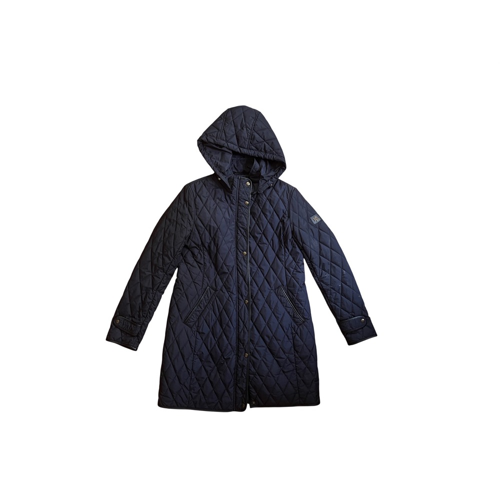 Lauren Ralph Lauren Navy Quilted Hooded Walker Coat Faux Leather Trim Medium